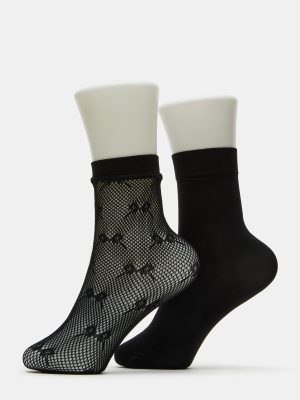 2 PACK BOW FISHNET ANKLET SOCKS BLACK