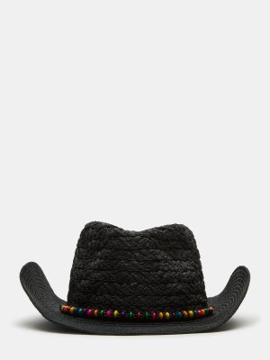 BEADED TRIM WESTERN HAT BLACK