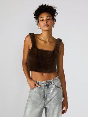 HANNIA FAUX FUR TOP DARK ESPRESSO