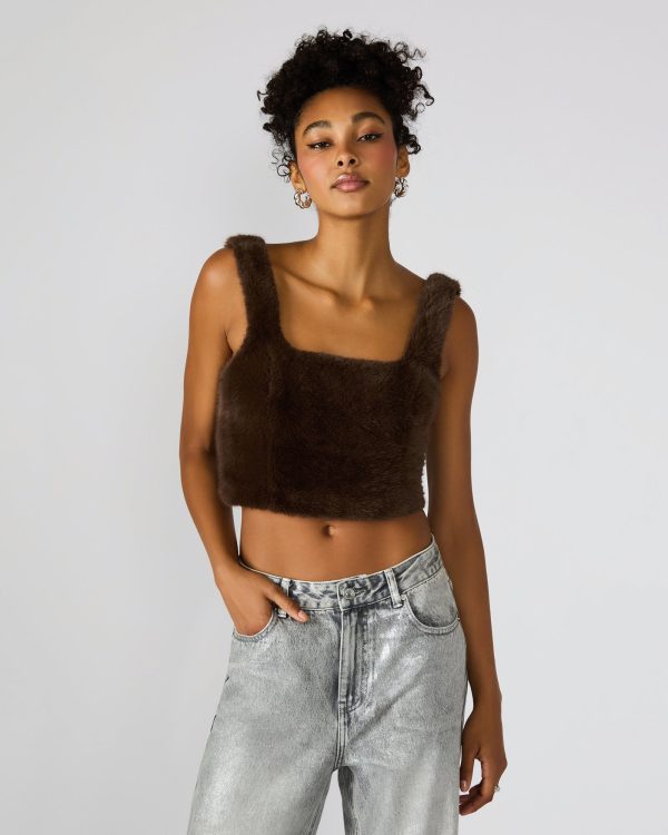 HANNIA FAUX FUR TOP DARK ESPRESSO