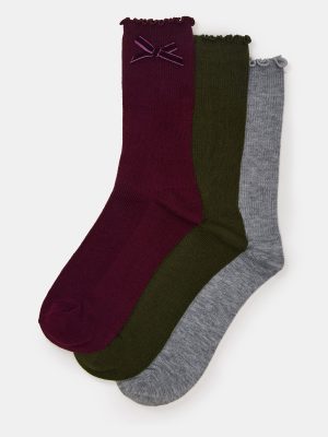 3 PACK FOLLY VELVET BOW RIB CREW SOCKS CHERRY