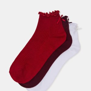 3 PACK MELODY LETTUCE EDGE BOW SOCKS RED MULTI