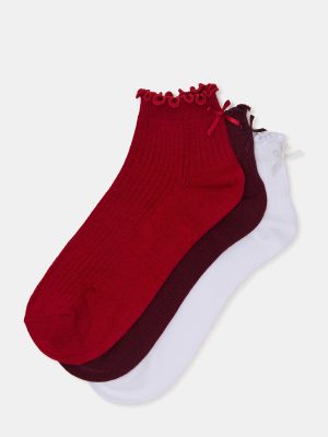 3 PACK MELODY LETTUCE EDGE BOW SOCKS RED MULTI