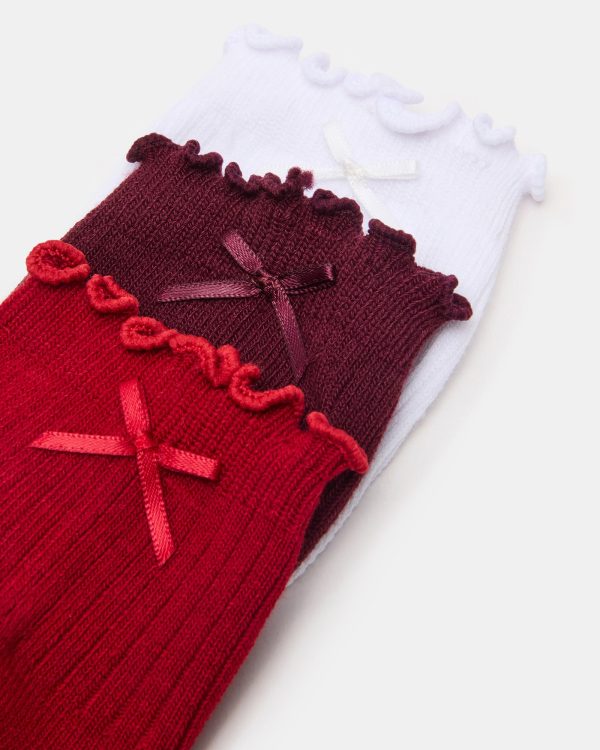 3 PACK MELODY LETTUCE EDGE BOW SOCKS RED MULTI - Image 2